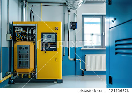 Modern, clean and well lit industrial boiler room in yellow and blue, with a large gas electric boiler in the corner of the room. Innovative solutions. Modern technologies. Place for text. Banner 121136878