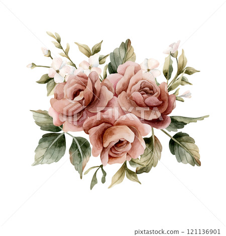 Rose flower with buds and leaves. Dusty pink garden flowers arrangement. Watercolor hand painted floral isolated illustration for wedding design, home textile, porcelain crockery, cards, labels, logos Rose flower with buds and leaves. Dusty pink garden flowers arrangement. Watercolor hand painted floral isolated illustration for wedding design, home textile, porcelain crockery, cards, labels, logos 121136901