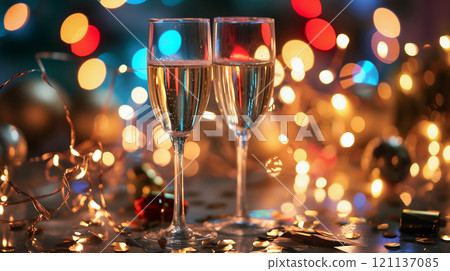 Celebration with sparkling drinks and festive lights for a joyous occasion at night 121137085