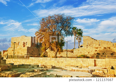 Ruined of ancient city Caesarea in Israel 121137087