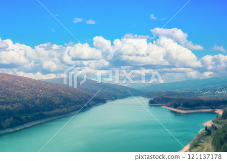 Panoramic view of lake Bukovec Kosice region, Slovakia in early spring. View from above Panoramic view of lake Bukovec Kosice region, Slovakia in early spring. View from above 121137178