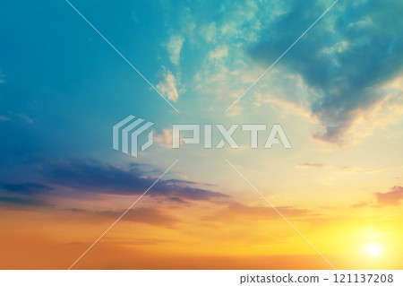 Colorful cloudy sky at sunset. Gradient color. Sky texture. Abstract nature background 121137208