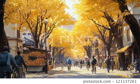 A bustling avenue lined with ginkgo trees turning yellow 121137261