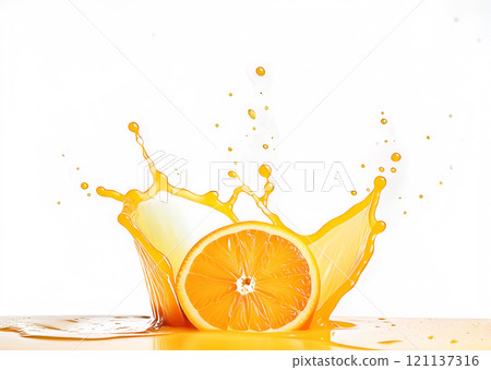 The image captures a dynamic scene featuring an orange half and a splash of orange juice against a white background The image captures a dynamic scene featuring an orange half and a splash of orange juice against a white background 121137316