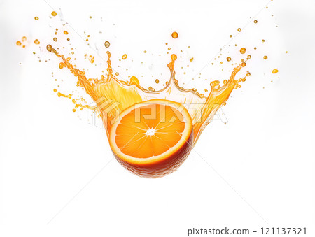 The image captures a dynamic scene featuring an orange half and a splash of orange juice against a white background 121137321