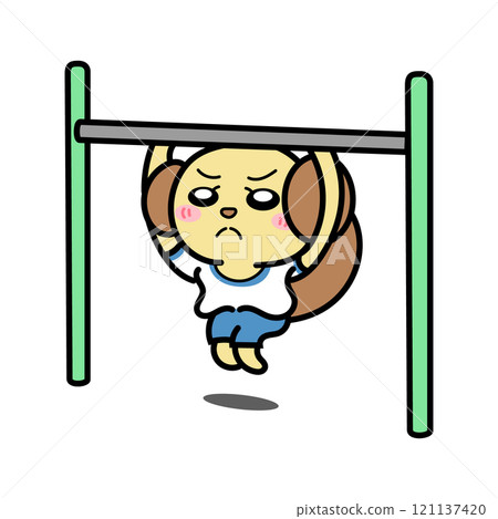 Dog hanging from a horizontal bar 121137420