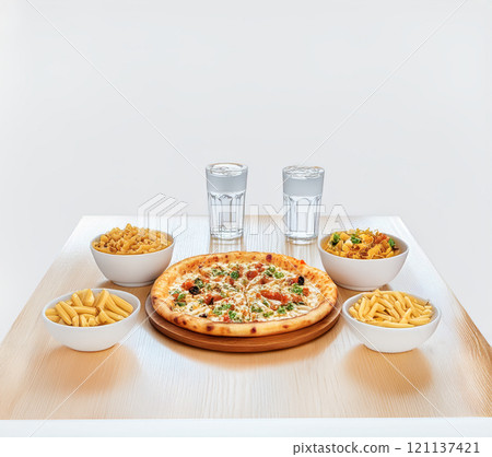 An appetizing array of food on a wooden tabletop, primarily featuring a large, freshly baked pizza with rich cheese and herb toppings, served in a round wooden tray 121137421