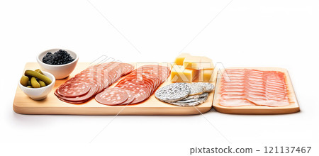 The image displays an appetizing arrangement of charcuterie and cheese on a wooden board, exuding a rustic and inviting ambiance typical of gourmet food presentations 121137467