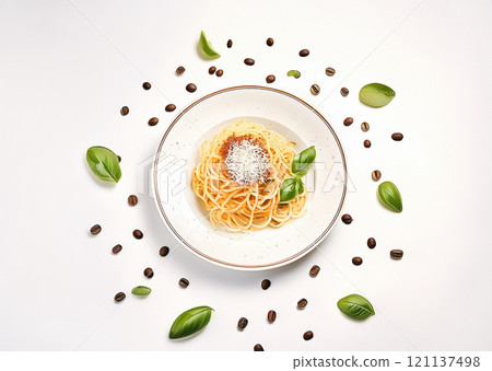 The image presents a beautifully arranged dish of spaghetti on a ceramic plate with grated cheese and fresh basil leaves 121137498