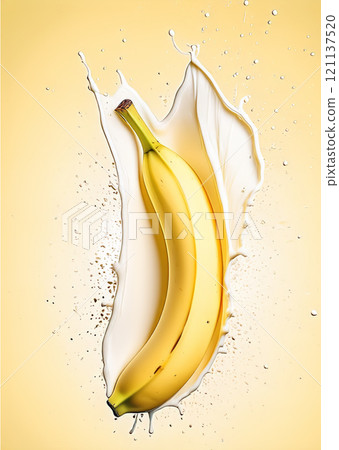The image vividly captures a dynamic scene involving a banana and splashes of what appears to be milk or a milk-like liquid on a vibrant yellow background The image vividly captures a dynamic scene involving a banana and splashes of what appears to be milk or a milk-like liquid on a vibrant yellow background 121137520
