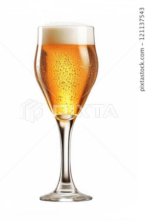 The image prominently displays a close-up of a glass of beer against a white, blurred background The image prominently displays a close-up of a glass of beer against a white, blurred background 121137543