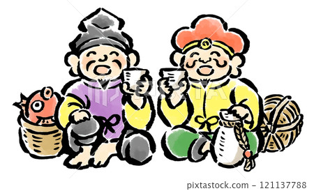Ebisu and Daikokuten drinking sake together - hand-drawn illustration Ebisu and Daikokuten drinking sake together - hand-drawn illustration 121137788