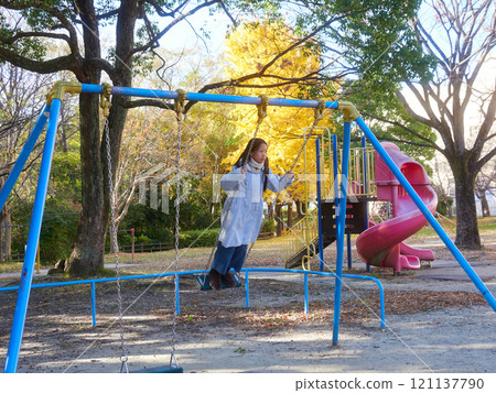 Scenery of an elementary school girl happily playing on a swing in a winter park and a ginkgo tree Scenery of an elementary school girl happily playing on a swing in a winter park and a ginkgo tree 121137790