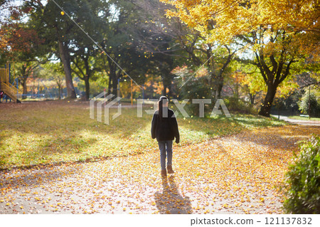 小學生在冬季公園快樂玩耍的風景和黃色的銀杏樹 121137832