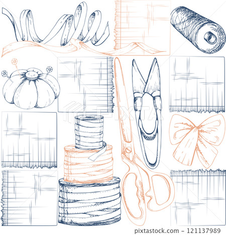Fabric scissors pin cushion, ribbon bobbins bow, zipper, indigo beige, sewing craft supplies. Hand drawn ink vector illustration. Seamless pattern isolated on white. Design atelier, tailor, hobby shop 121137989