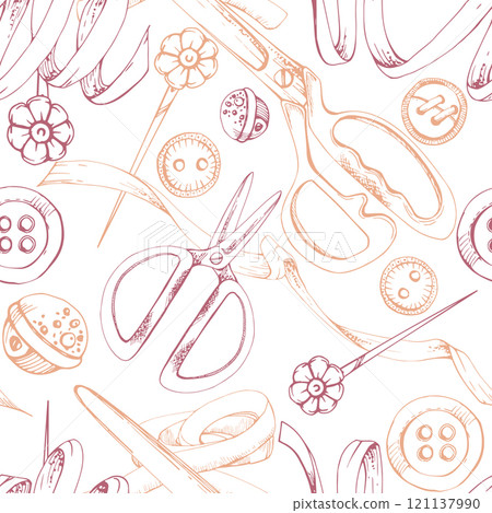 Fabric scissors snaps, pins, buckle buttons ribbon bow tie, red beige. Hand drawn ink vector illustration sewing craft supplies. Seamless pattern isolated on white. Design atelier, tailor, hobby shop 121137990