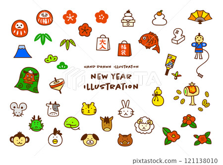 Cute hand-drawn New Year's color illustration set 121138010