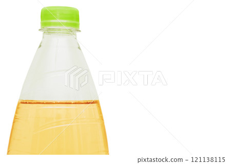 Plastic bottle with yellow orange sweet lemonade with green cap 121138115