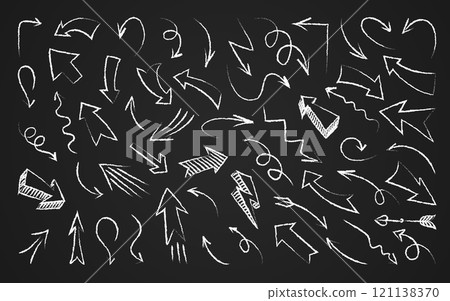 Arrow hand drawn white chalk doodle set on blackboard. Different shape spiral curved direction pointer symbol. Scribble grunge arrows up down left right. Swirl Sketch mark for education infographic Arrow hand drawn white chalk doodle set on blackboard. Different shape spiral curved direction pointer symbol. Scribble grunge arrows up down left right. Swirl Sketch mark for education infographic 121138370