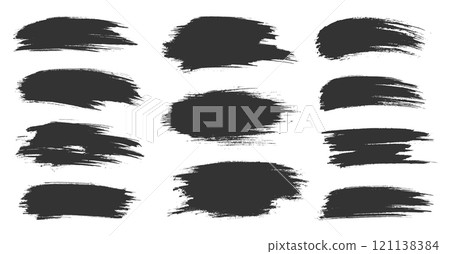 Black brush strokes set with uneven edges and rough textures. Bold smears, dynamic marks, textured smudges, irregular shapes. Features abstract lines with messy details, raw patterns, sharp edges 121138384