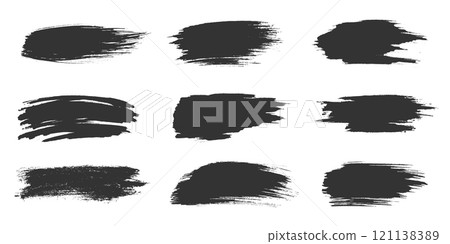 Black brush strokes set with rough edges uneven shapes. Bold smears, textured lines, messy marks, abstract smudges. Features dynamic forms with irregular patterns, sharp edges, textured surfaces 121138389