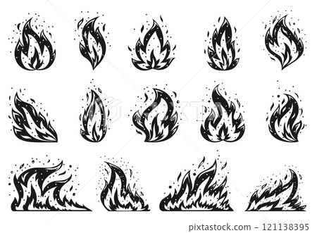 Cartoon fire set. Sparkling igniting flame. Hot temperature blazing dangerous fires. Flaming ignition, flammable blaze heat explosion danger flames energy flat symbol. Black stamping stencil diy Cartoon fire set. Sparkling igniting flame. Hot temperature blazing dangerous fires. Flaming ignition, flammable blaze heat explosion danger flames energy flat symbol. Black stamping stencil diy 121138395
