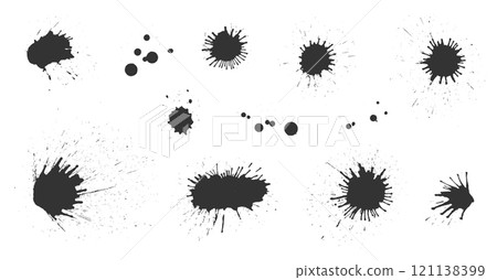 Black ink splatter paint splash set. Various shapes of dynamic ink drops, smudges, spray effects. Grunge design for posters, banners, artistic compositions, abstract backgrounds, or creative projects Black ink splatter paint splash set. Various shapes of dynamic ink drops, smudges, spray effects. Grunge design for posters, banners, artistic compositions, abstract backgrounds, or creative projects 121138399