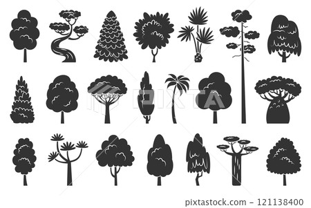Tree icon set. Stylized eco forest plants side view. Black stamp stencil of aspen alder ash linden acacia chestnut dracaena willow cypress thuja pine oak poplar birch spruce maple baobab palm sequoia 121138400