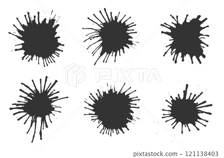 Black ink splatters set with round shapes and chaotic edges. Features sharp bursts, uneven lines, textured spots, scattered drips. Dynamic bold marks with rough, irregular strokes splattered details Black ink splatters set with round shapes and chaotic edges. Features sharp bursts, uneven lines, textured spots, scattered drips. Dynamic bold marks with rough, irregular strokes splattered details 121138403