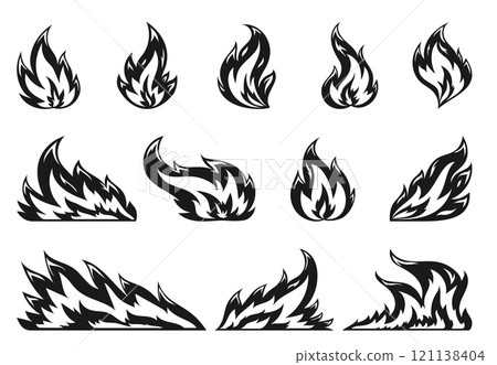Hot temperature comic dangerous flame fires. Cartoon fire flames. Campfire fiery black silhouette set. Burning blazing wildfire, bonfires isolated on white background. For stencil stamp laser cut Hot temperature comic dangerous flame fires. Cartoon fire flames. Campfire fiery black silhouette set. Burning blazing wildfire, bonfires isolated on white background. For stencil stamp laser cut 121138404