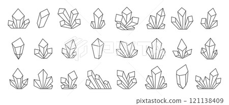 Geometric crystal abstract shapes minimal line set. Variety clean gemstone forms, clusters, single stones. Perfect for use in branding, posters, patterns, web design, or luxury aesthetics packaging Geometric crystal abstract shapes minimal line set. Variety clean gemstone forms, clusters, single stones. Perfect for use in branding, posters, patterns, web design, or luxury aesthetics packaging 121138409