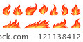 Fireball flame, red hot fire signs. Campfire windy fiery icon set. Furious flammable combustion flat clipart. Dangerous natural gas blazing. Burning wildfire effect, bonfires isolated on white 121138412