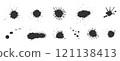 Black ink splashes set. Various shapes of round spots, sharp bursts, irregular blots sprays drips. Textured edges with scattered dots uneven lines. Bold splatters, chaotic marks rough dynamic strokes 121138413