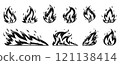 Fire flames with sparks big set. Black fireball, heat wildfire, fiery bonfire, blaze campfire, ignition elements on white background. Natural gas flaming symbols. Energy and power signs for stamp 121138414