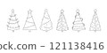 Christmas trees simple line set. Coloring page outline fir decorated with stars, lights, garlands, round ornaments. Features symmetrical pine shapes, clean linear varying styles of holiday designs 121138416