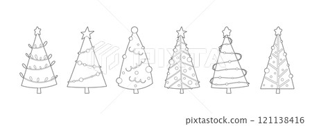 Christmas trees simple line set. Coloring page outline fir decorated with stars, lights, garlands, round ornaments. Features symmetrical pine shapes, clean linear varying styles of holiday designs 121138416