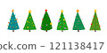 Christmas tree decorated stars, lights, garlands flat set. Each tree has a unique festive design, for holiday themed projects, greeting cards, posters, invitations, web graphics, social media posts 121138417