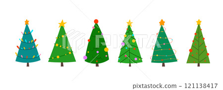 Christmas tree decorated stars, lights, garlands flat set. Each tree has a unique festive design, for holiday themed projects, greeting cards, posters, invitations, web graphics, social media posts Christmas tree decorated stars, lights, garlands flat set. Each tree has a unique festive design, for holiday themed projects, greeting cards, posters, invitations, web graphics, social media posts 121138417
