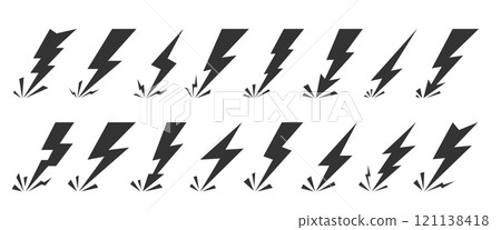 Lightning bolt flash icon set. Thundershock zigzag arrow danger energy power sign. Thunder strike electricity symbol. Thunderbolt powerful electrical discharge hitting with sparkles from side to side 121138418