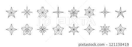 Stars linear set includes five pointed geometric sparkle shapes, radiant designs, sharp edged forms. Features minimalist outlines, abstract patterns, decorative details clean lines precise symmetry Stars linear set includes five pointed geometric sparkle shapes, radiant designs, sharp edged forms. Features minimalist outlines, abstract patterns, decorative details clean lines precise symmetry 121138419