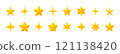Golden stars flat set. Various star designs, including five pointed radiant, sparkling vibrant shapes for holiday decorations, rating, award, certificate, greeting card, poster, branding, web design 121138420