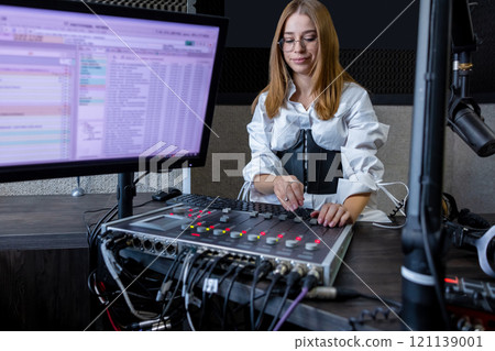 Attractive woman mixing audio in radio studio Attractive woman mixing audio in radio studio 121139001