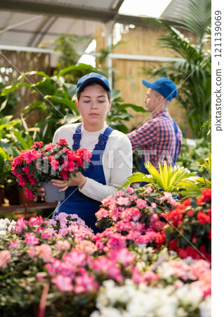 Young female seller holding azalea in pot 121139069