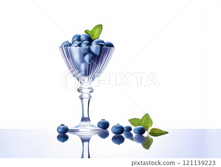 Blueberries on a transparent bowl glass on a white background with mint leaves Blueberries on a transparent bowl glass on a white background with mint leaves 121139223