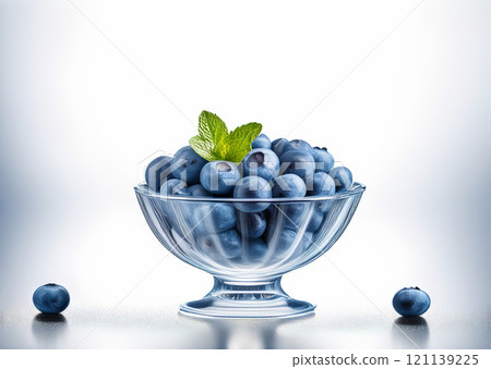 Blueberries on a transparent bowl glass on a white background with mint leaves Blueberries on a transparent bowl glass on a white background with mint leaves 121139225