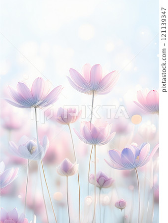The image features an array of delicate flowers, predominantly in shades of soft pink and lavender, with a dreamy bokeh that enhances their ethereal appearance 121139347