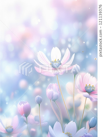 The image features an array of delicate flowers, predominantly in shades of soft pink and lavender, with a dreamy bokeh that enhances their ethereal appearance 121139376