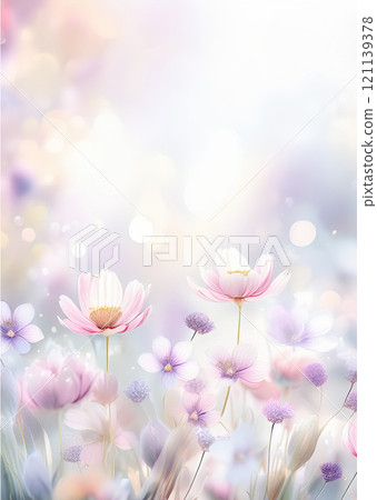 The image features an array of delicate flowers, predominantly in shades of soft pink and lavender, with a dreamy bokeh that enhances their ethereal appearance 121139378