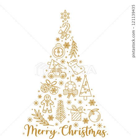 Christmas tree made of Christmas icons, contour illustrations in gold color. Merry Christmas greeting card template, print on clothes 121139435