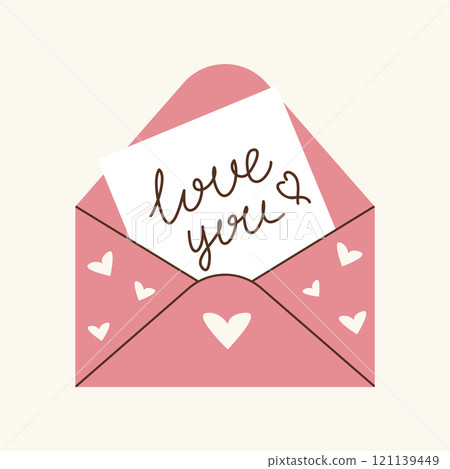 A postcard in an envelope with a declaration of love, handwriting, congratulations on Valentine's Day, wedding, design element. 121139449